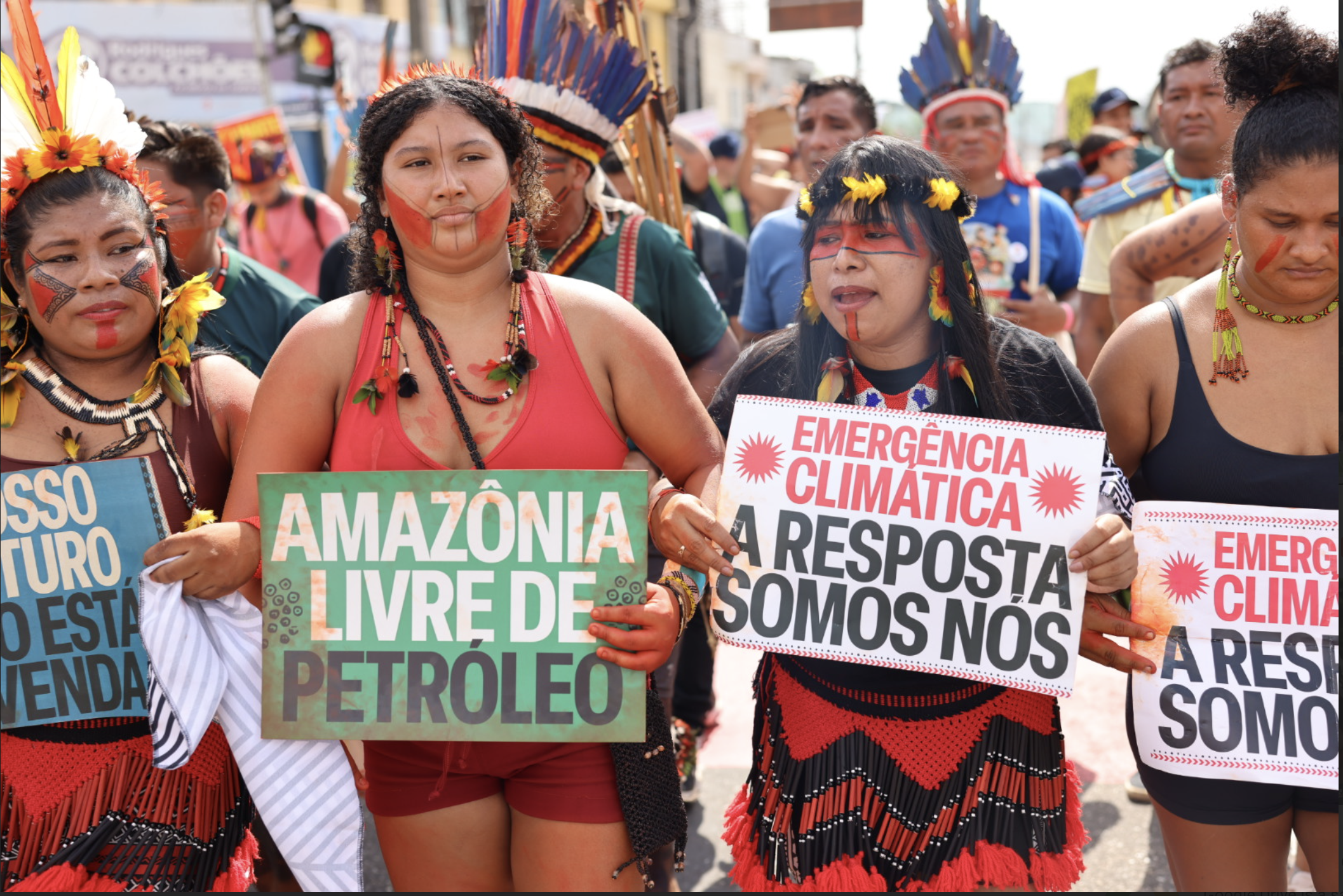 Indigenous leaders march in Belém, Brazil during COP30 demanding climate and energy justice. Photo: Hugo Duchnese